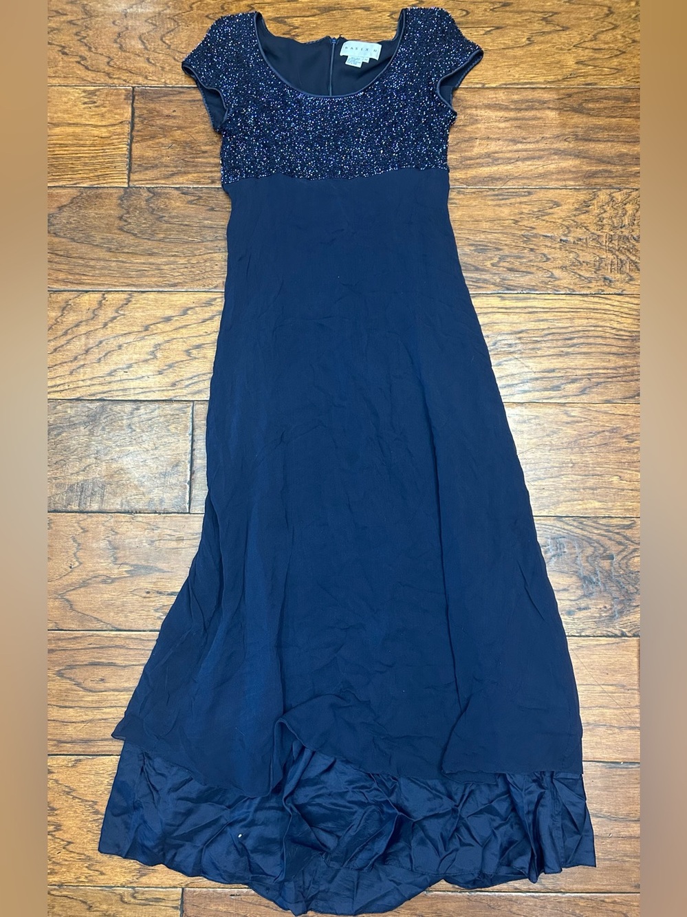 Bieff BASIX David York Vintage Navy Beaded Silk Cap-Sleeve Maxi Dress - Picture 2 of 5